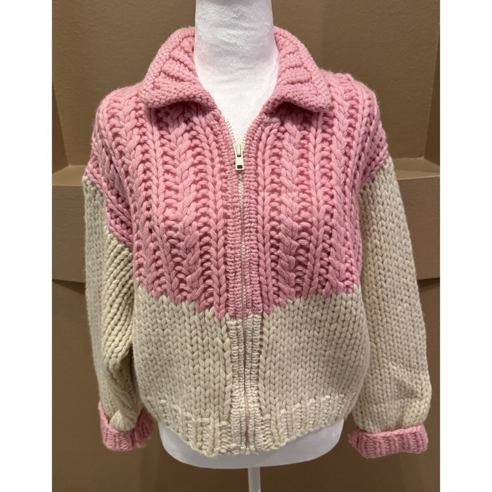 Aeropostale Hand Knit Cardigan Sweater Vtg Pink/Crm 100% Wool Y2K Size L